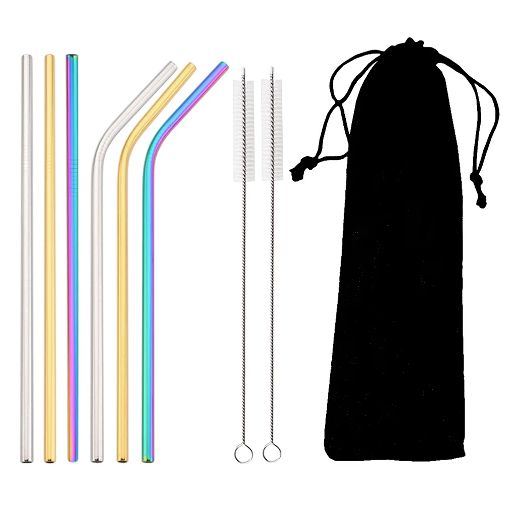 9Pcs Reusable Coloful Straw Set 304 Stainless Steel Straw Straight Bent Drinking Straw With Cleaning Brush Home Bar Accessory