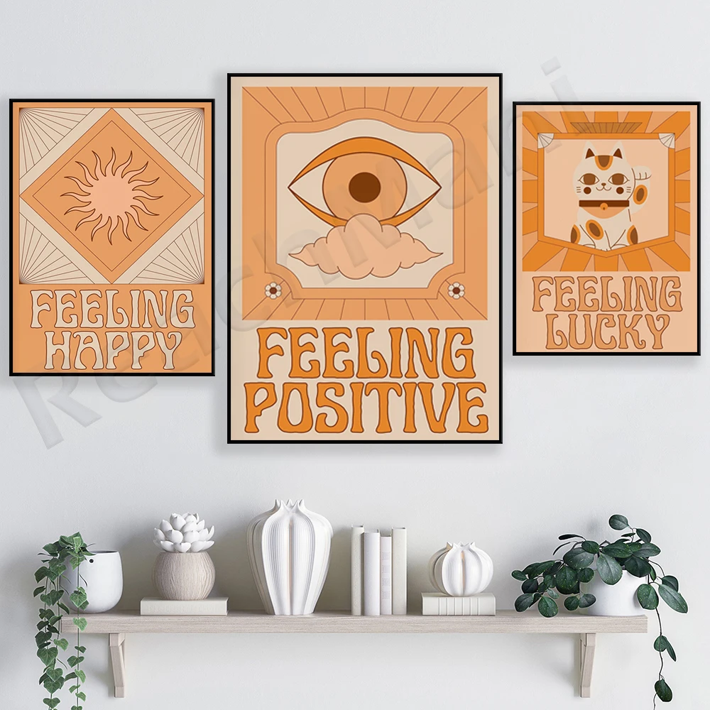 Feeling Positive Print - Retro Bohemian, Mystical Eye, Peach Earthy Colours, 70s Hippie Aesthetic, Psychedelic Art Deco Style