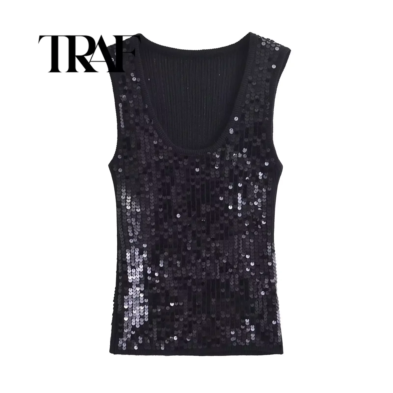 TRAF Stretch Knitted Shiny Sequins Women Tanks Sweater U Neck Sleeveless Slim Vest Feamle Crop Top Y2K Black