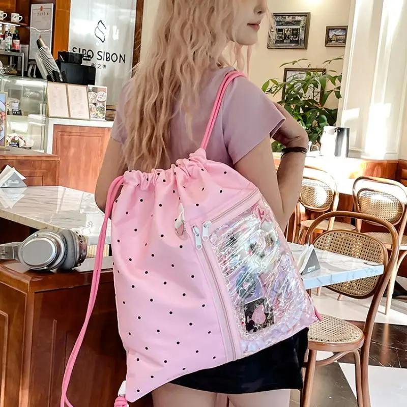 

Stylish Lightweight Commuter Backpack; Large Capacity, Transparent Canvas with Star Print and Drawstring.