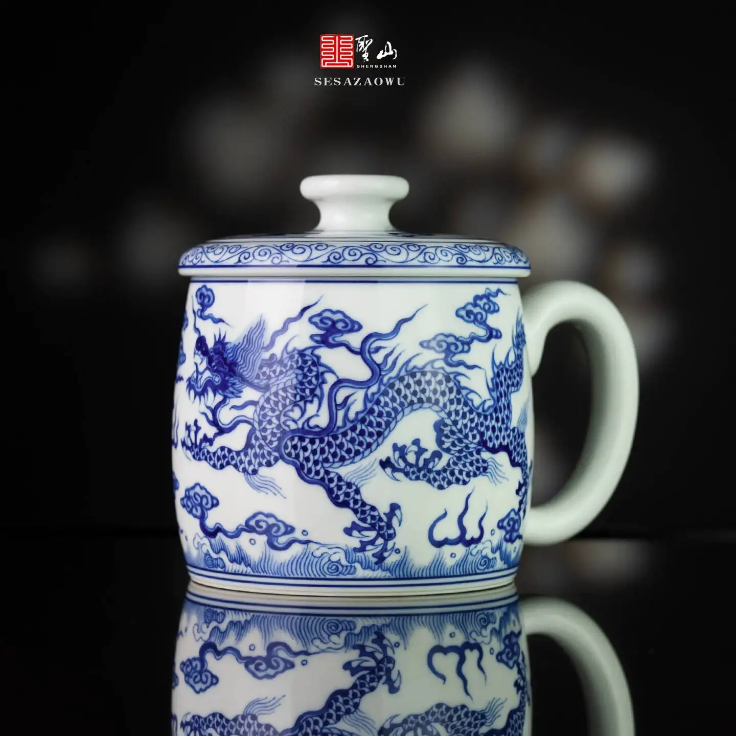 Holy Mountain Jingdezhen Hand-Painted Blue And White Double Dragon Boss Gift For Drinking Ceramic Office Tea Cup