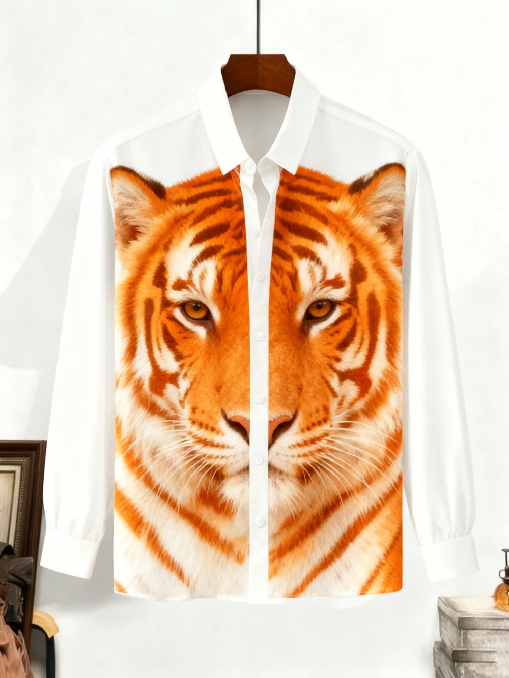 

Men's Personalized Design Tiger Tree Print Shirt Hawaiian Vacation Long-sleeved Lapel Shirt Soft Top Business Casual Clothing