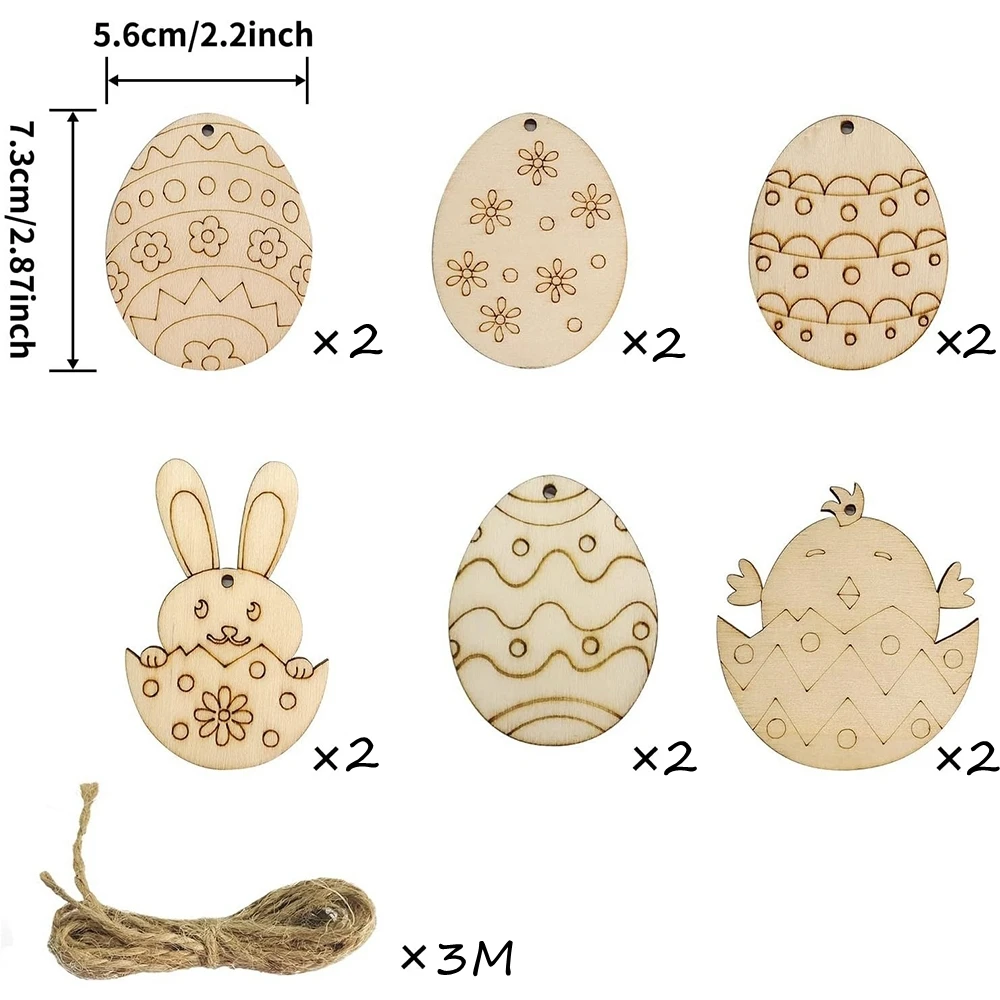 12pcs Wooden Rabbit Chick Pendants Creative Egg Hanging Ornament For 2024 Easter Home Party Decoration DIY Painting Gifts Supply