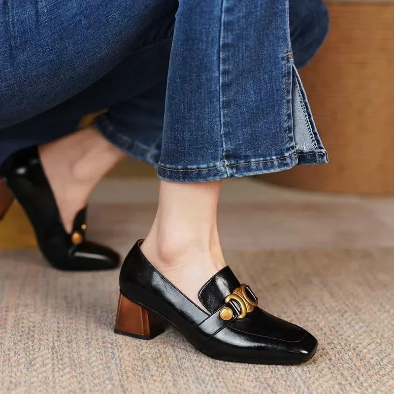 Retro Soft Leather High Heels Comfort Fashion Chunky Heel Square Head British Style Women's Shoes New Elegant party pumps