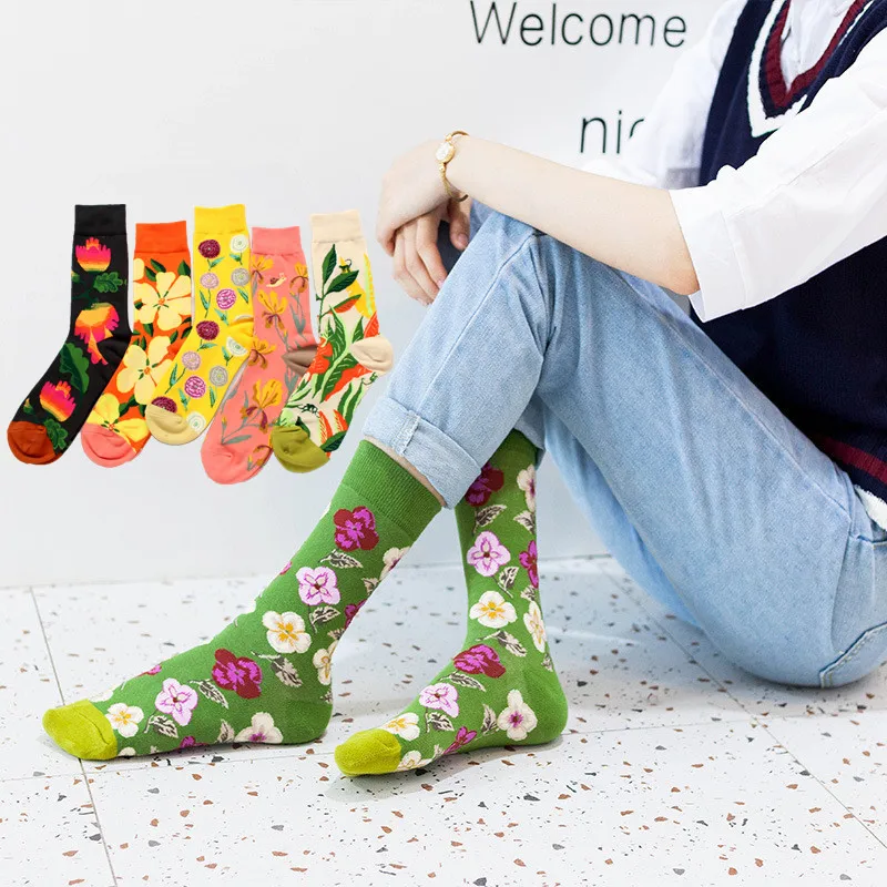 1 Pair Fashion Women Socks Cartoon Flower Plant Cactus Funny Casual Female Cotton Floral Hosiery Girls Streetwear Harajuku Sox