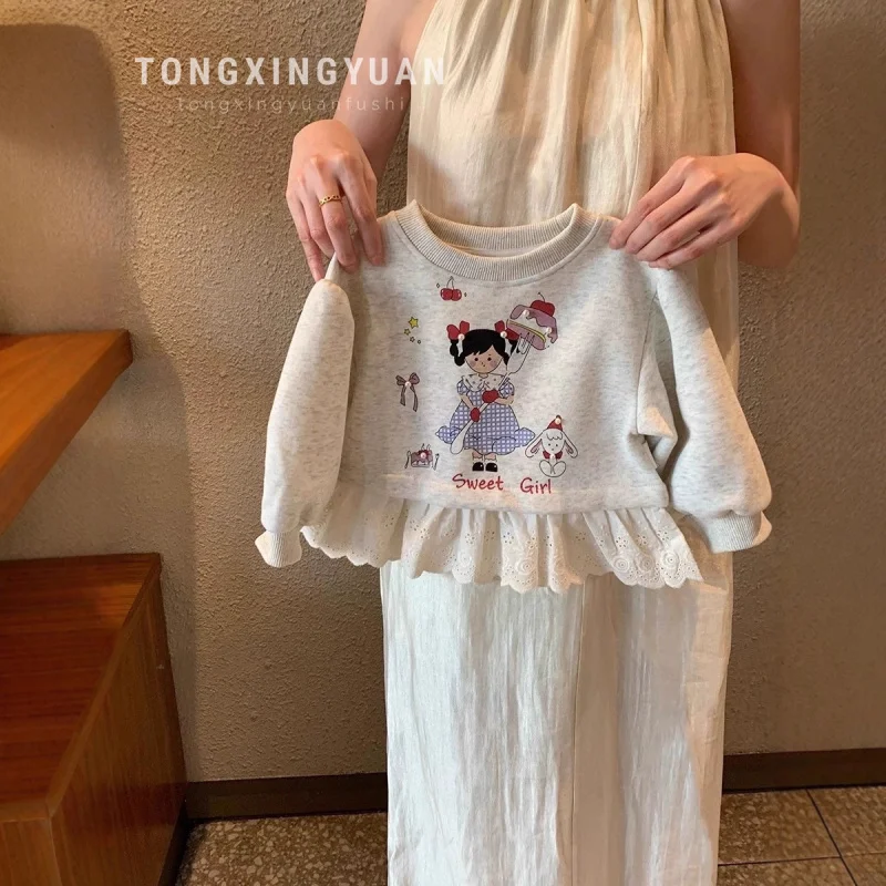 

Autumn New Cute Cartoon Lace Patchwork Top and Jeans Two-Piece Set for Girls