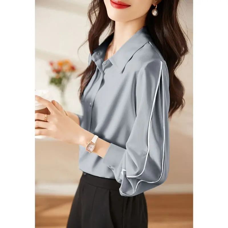 2023 New Spring Fashion Solid Color Polo Contrast Line Design Button Long Sleeve Temperament Commuter Loose Women\'s Shirt