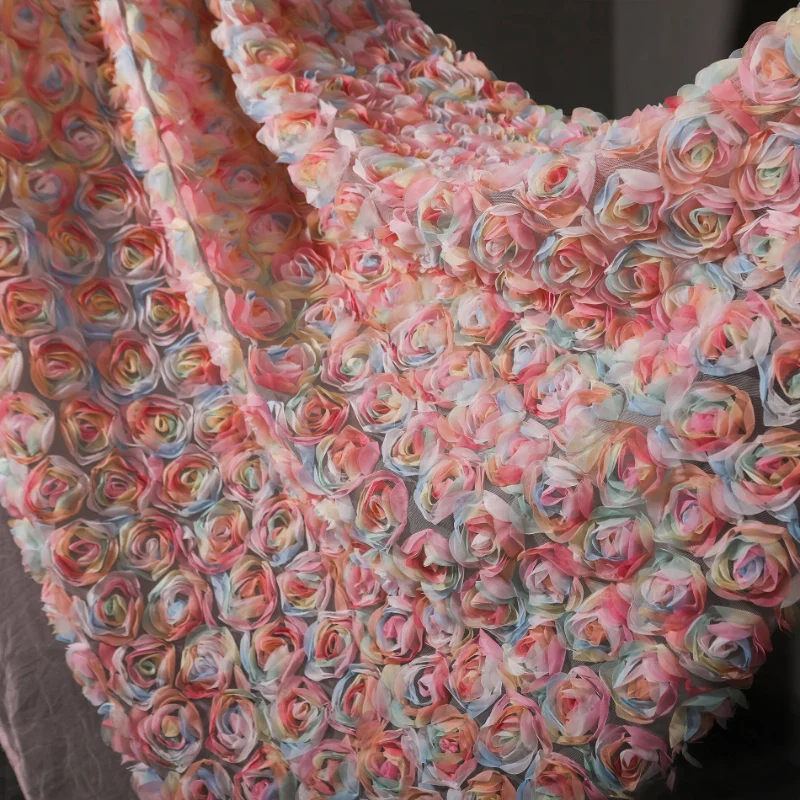 

Rainbow Colored Rose Embroidery Mesh Fabric for DIY Sewing Wedding Dress Background Decoration Clothing Fashion Material Cloth