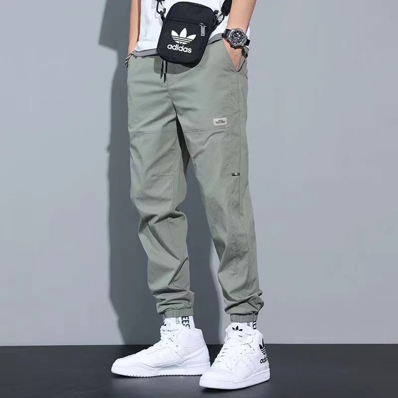 Summer Young Style Streetwear Solid Color Breathable Men Pockets Bound Feet Slim High Street Popular All-match Casual Trousers