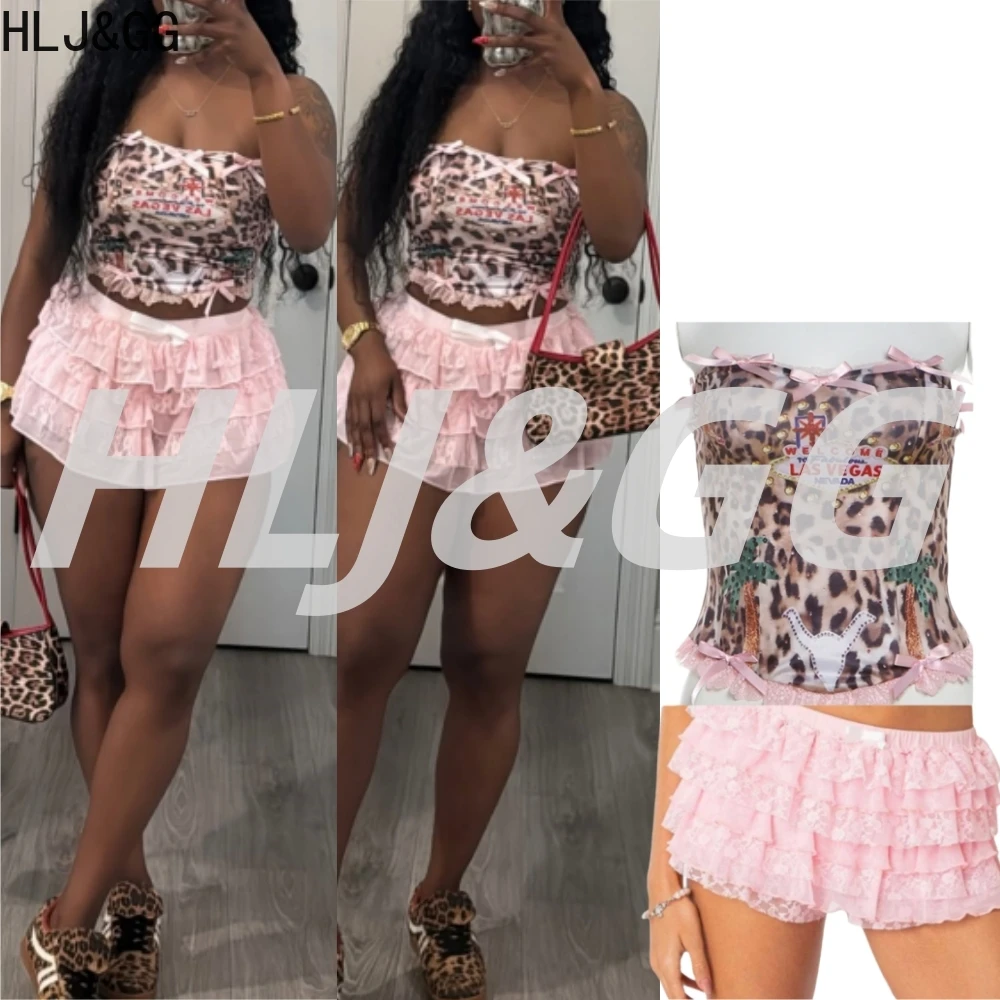 

HLJ&GG Pink Bow Leopard Print Two Piece Sets Women Off Shoulder Slim Crop Top And Lace Ruffle Mini Skirts Outfit Streetwear 2025