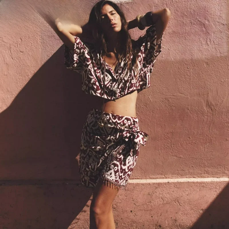 

Новая летняя женская юбка трапециевидной формы с высокой талией и принтом из бисера и кисточек, праздничная юбка-трапеция для поездок на работу, подходит для длины