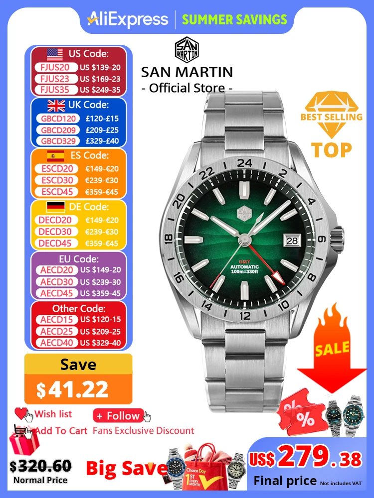 San Martin 39mm Purple Desert Texture Dial Luxury Men Dress Watch  NH34 GMT Automatic Mechanical Waterproof 100m Luminous SN0129