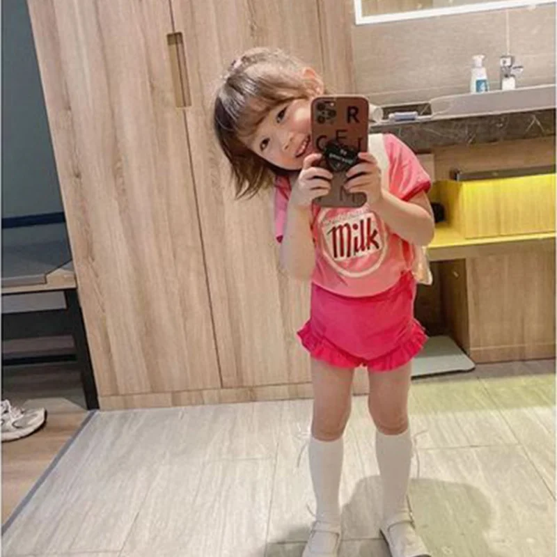 Children's Cute Suit Summer Girls' Short-Sleeved Shirt+Lace Shorts Two-Piece Set3-8One-Piece Delivery for Children's Clothing