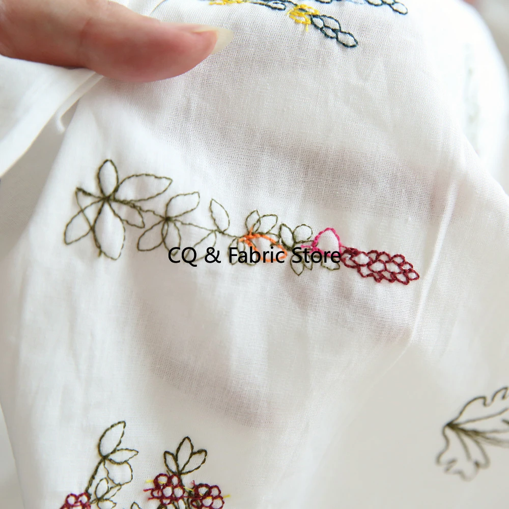 Summer White Pure Cotton Poplin Embroidered Fabric For Clothing Dresses Handmade DIY Fabric Korean Japan Style By The Meter