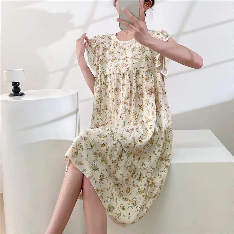 

New Cotton Silk Sleep Dress Women's Spring Summer Autumn Thin Home Skirt Sweet Student Short Sleeve Artificial Cotton Skirt p...