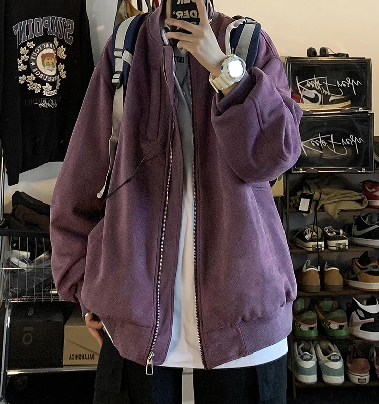 

Американская ретро фиолетовая бейсбольная куртка для мужчин, винтажная замшевая верхняя одежда, охотничье пальто для пилота, длинное пальто из полиэстера, свободная посадка