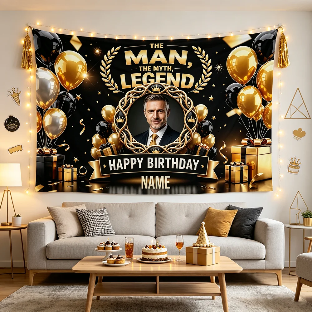 1PC Custom Man Myth Legend Birthday Tapestry Personalized Photo Name Black Gold Balloon Party Wall Hanging Men Bedroom Decor
