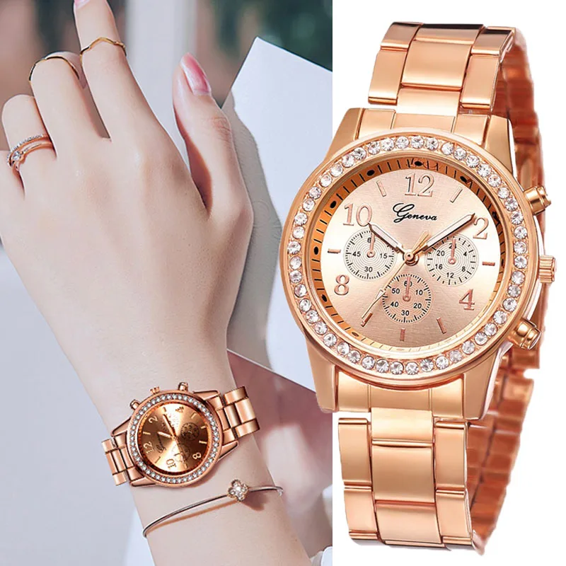 Luxury Women\'s Watch Golden Rhinestone Fashion Women Quartz Watch Analog Wristwatch Lady\'s Gold Stainless Steel Bracelet Clock