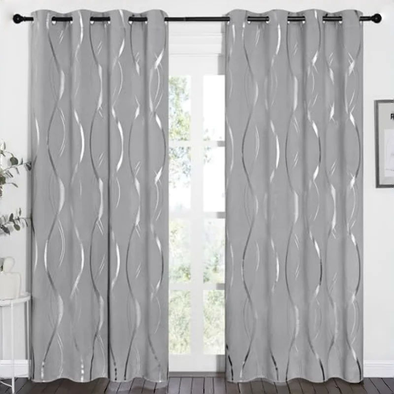 1PC Modern Boho Style Curtain, Solid Color Wavy Line Silver Foil Drapes, Sunscreen Insulation Shade Cloth, High Light Block Bay