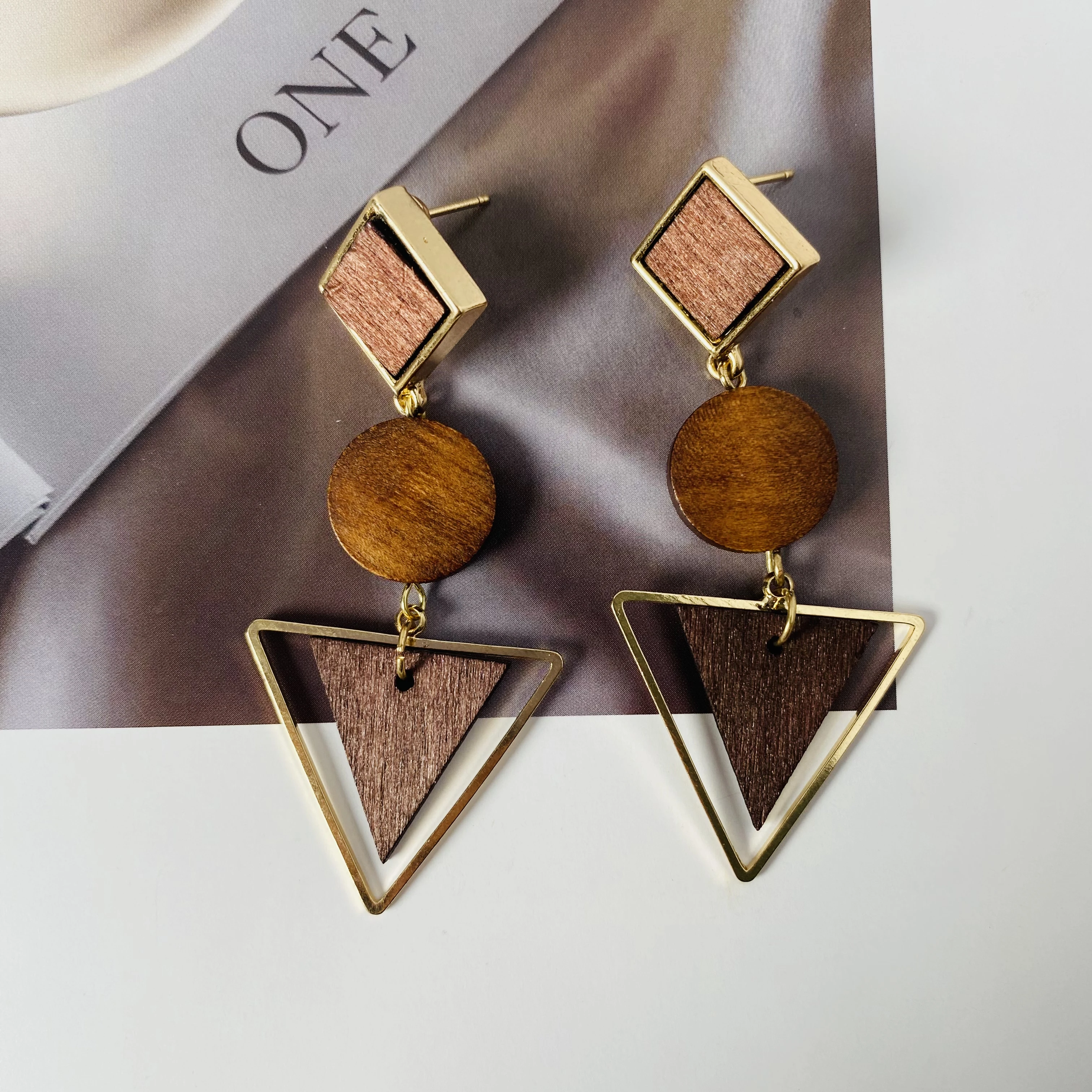 Korean Version Retro Style Natural Wood Geometric Triangle Round Earrings Long Temperament Generous