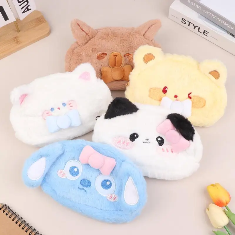 Astuccio per matite in peluche con fiocco di cartone animato Borsa per cancelleria di grande capacità Bella borsa per cosmetici in peluche Regali di compleanno di Natale