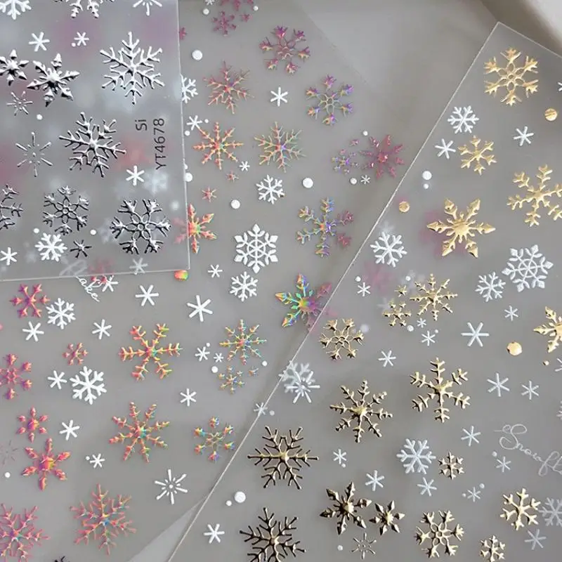Autocollants scintillants pour Nail Art de noël, dessin animé, décoration de manucure à faire soi-même avec flocons de neige or/argent