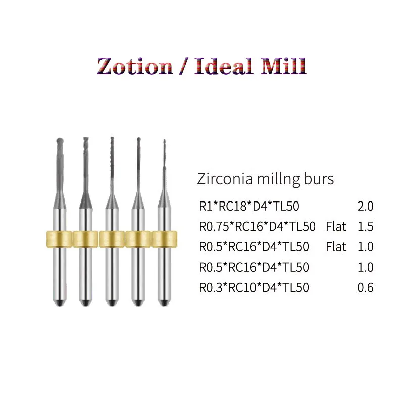 1PC Dental Ideal Mill Zotion Zirconia Wax PMMA Milling Cutters CADCAM  DC,DLC Coating Shank D4mm Length 50mm Dental Materials