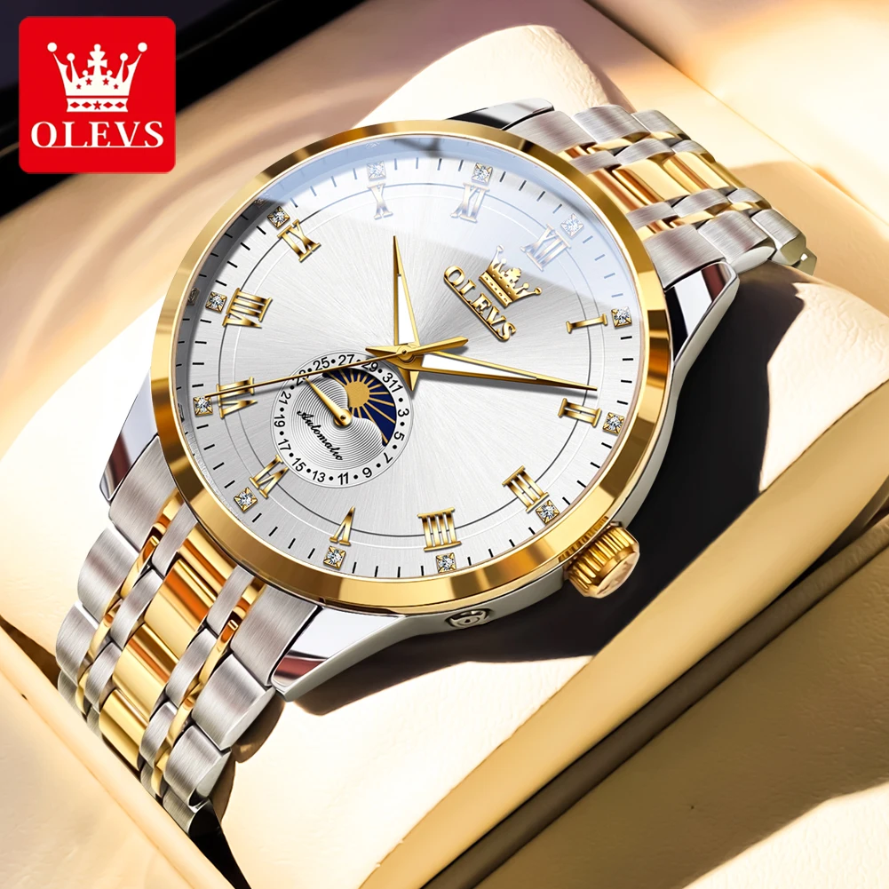 

OLEVS Совершенно новые автоматические наручные часы с фазой Луны, роскошные механические часы из нержавеющей стали для мужчин, классические водонепроницаемые мужские часы