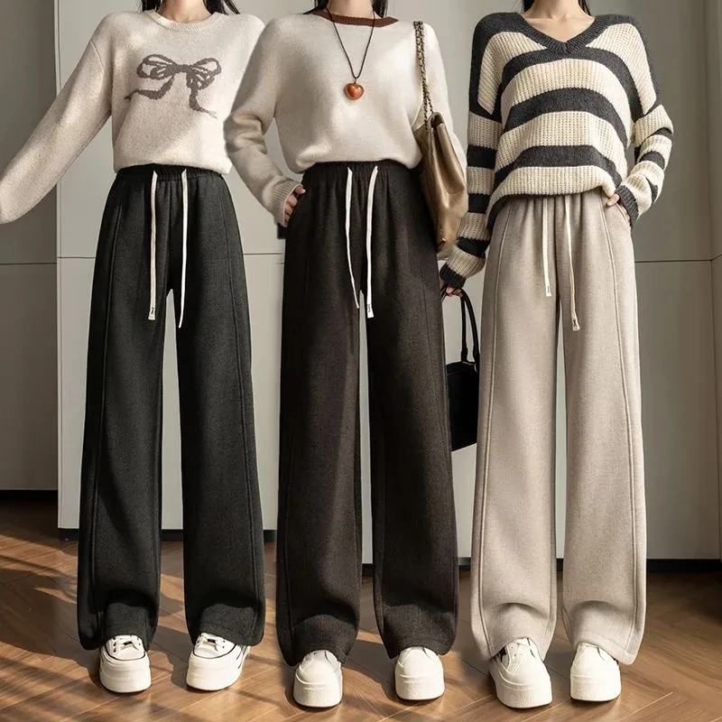 2026 Autumn Winter Grey Plush Wide Ieg Pants High Waisted Loose Pants Casual Straight Leg Sports Womens Thick Pants ﻿
