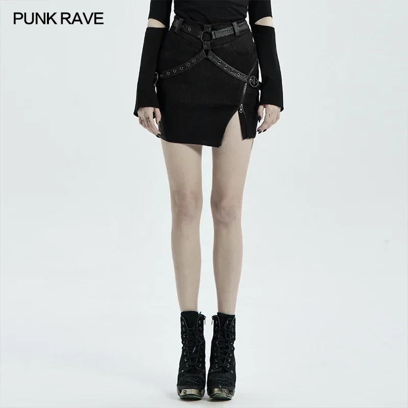 

PUNK RAVE Women's Punk Daily Half Skirt Fashion Zipper Decorative Black Twill Press Fabric Sexy Mini Skirts Spring Summer