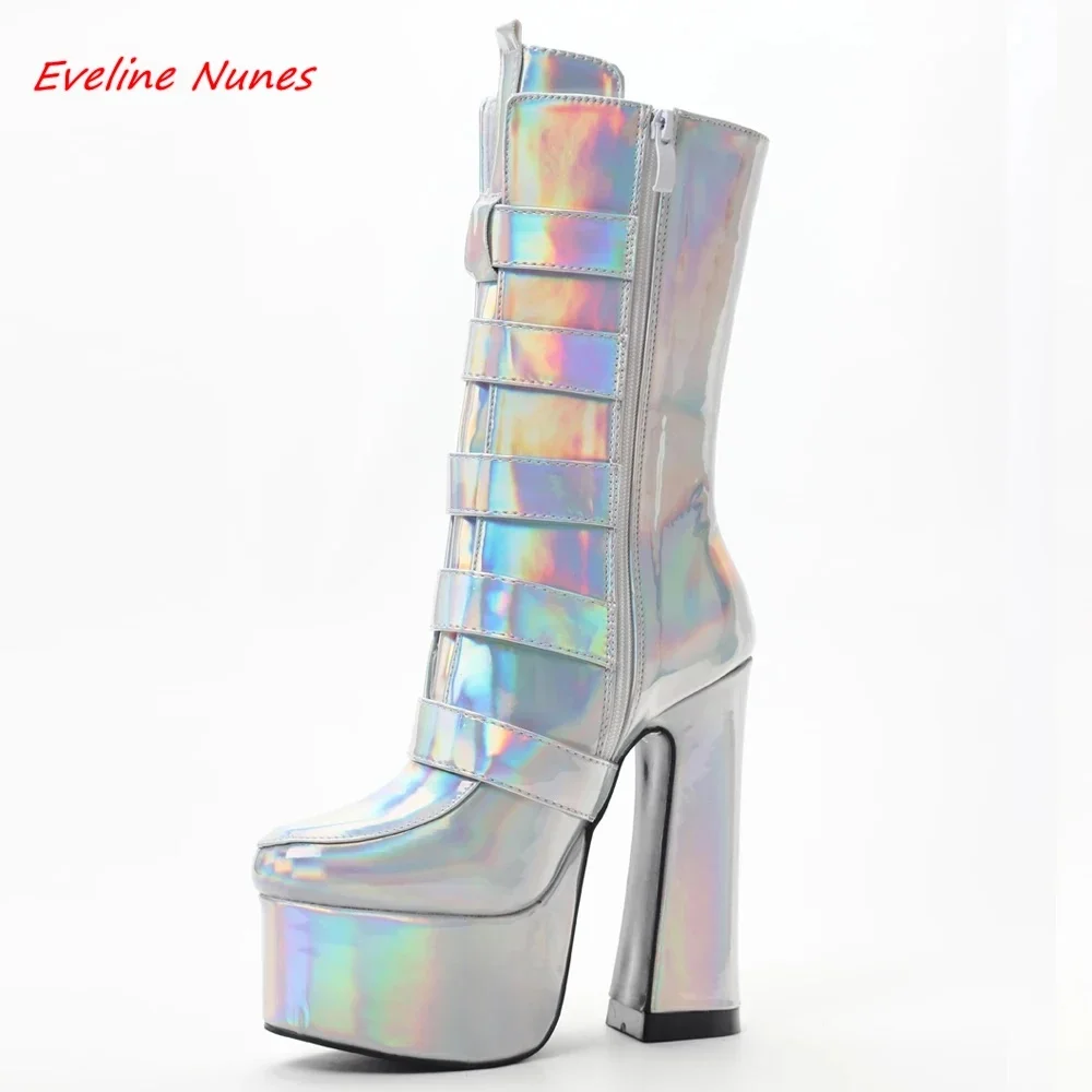 Pink Platform Punk Boots Women's Solid Round Toe Side Zipper Super Chunky Heel 15cm Fashion Show Sexy Party Pole Dancing Shoes