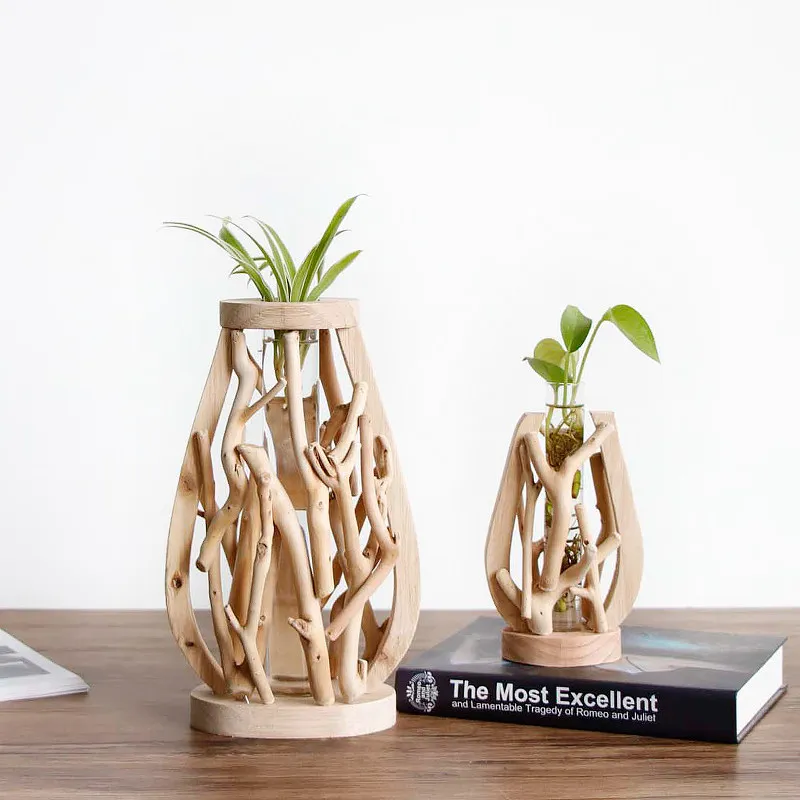 Handmade Solid Wood Small Vase Landscape Ornament Log Flower Device Hydroponic Test Tube Pastoral Mini Multi-potted Plant