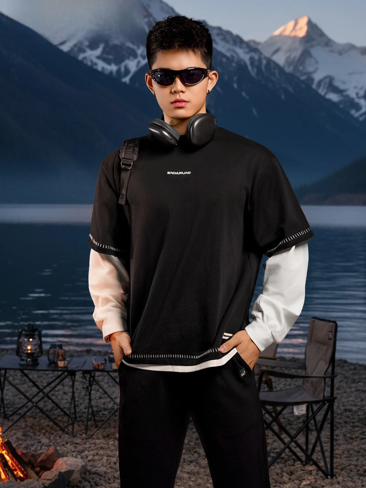 

American High Street Spliced Long Sve Thin Hoodie Men's Fake Two-Piece Autumn Winter Sports Heavyweight T-irt Base irt