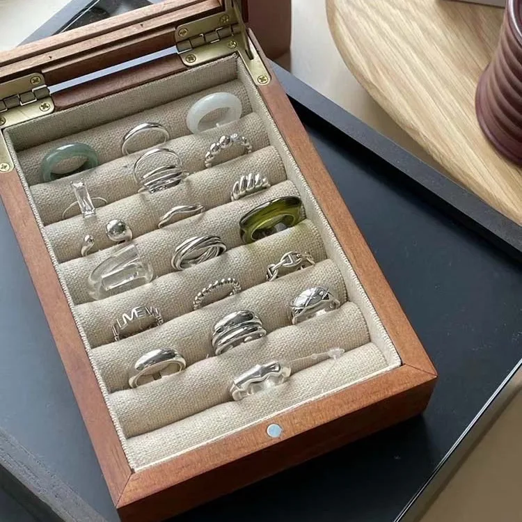 صندوق مجوهرات تخزين خشبي من الخشب الصلب صندوق مجوهرات عتيق خاتم كتان مقاوم للغبار