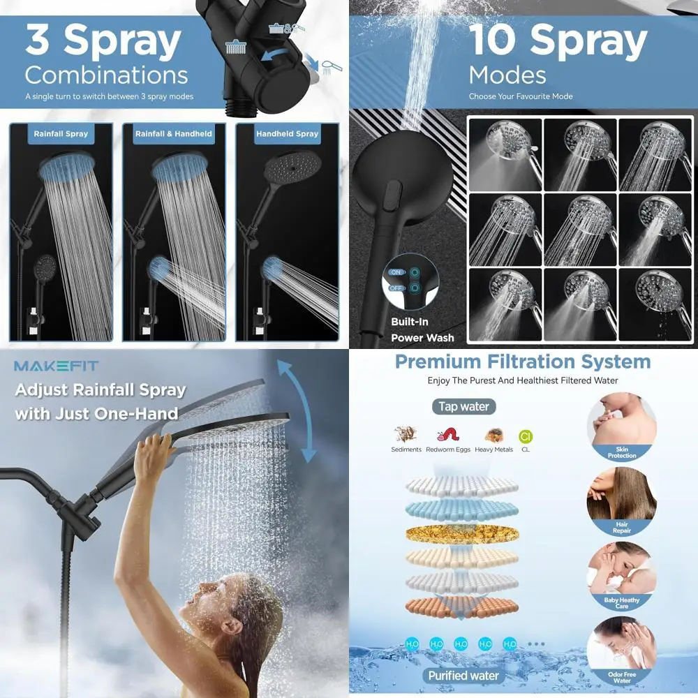 مجموعة دش محمولة للمطر والضغط العالي مع غسيل كهربائي وفلتر الكلور - أسود