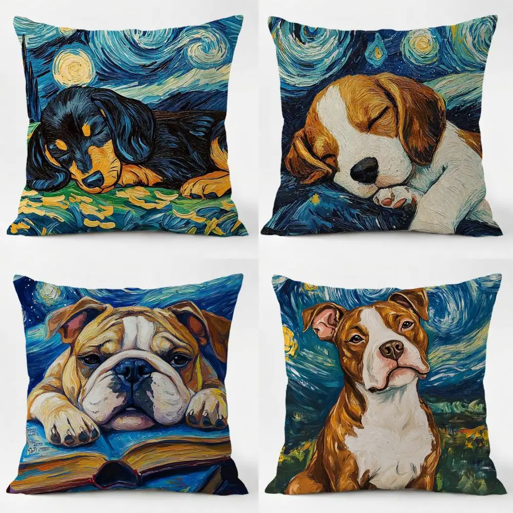 Catoon Starry Sky Dog Cushion Cover Daily Washable Linen Pillowcase Soft  for Sofa Bed Home Room Decor