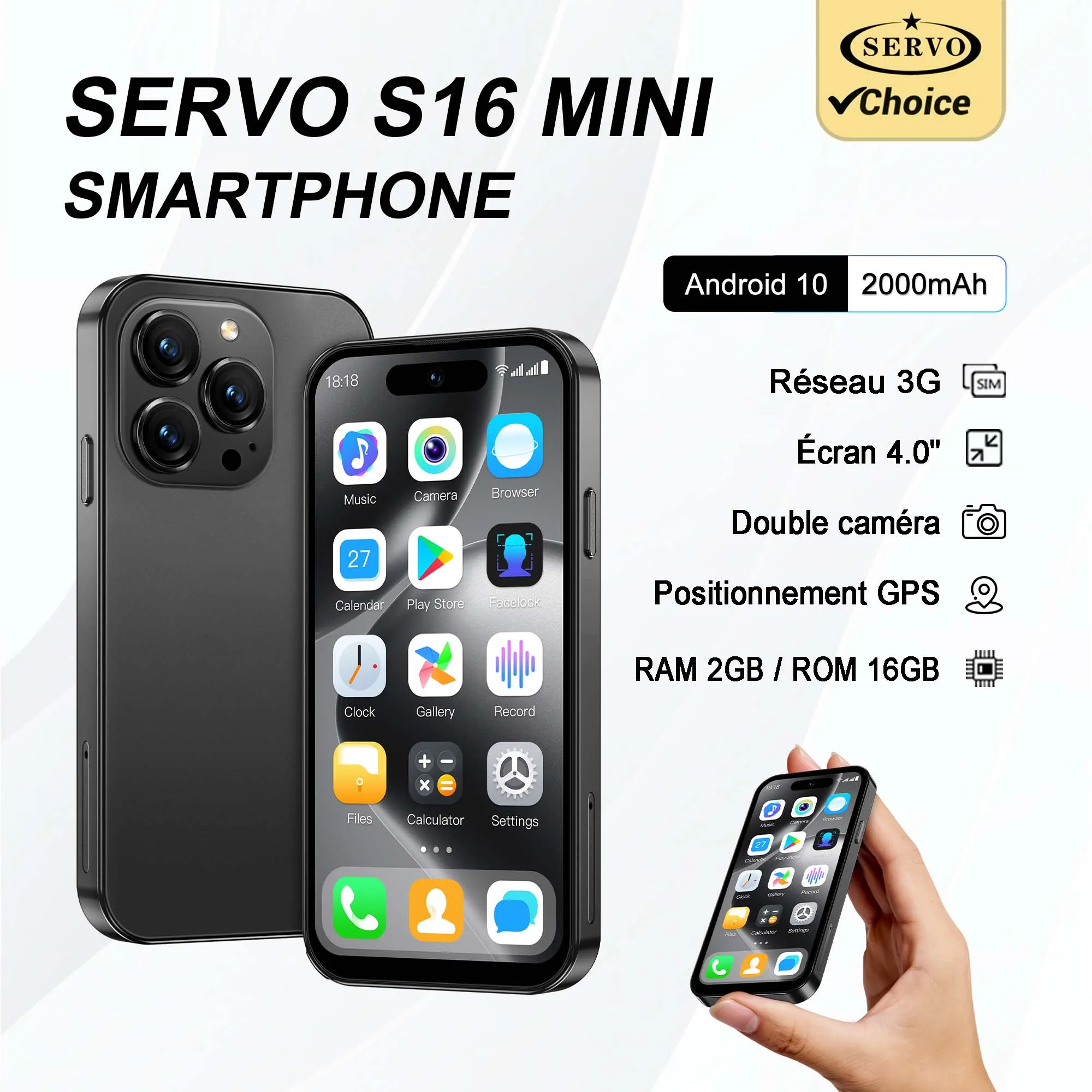 Mini smartphone SERVO S16 Mini 4.0" Android 10 3G WCDMA 2GB+16GB Double SIM Caméra HD WiFi Hotspot Play Store Téléphone de poche compact