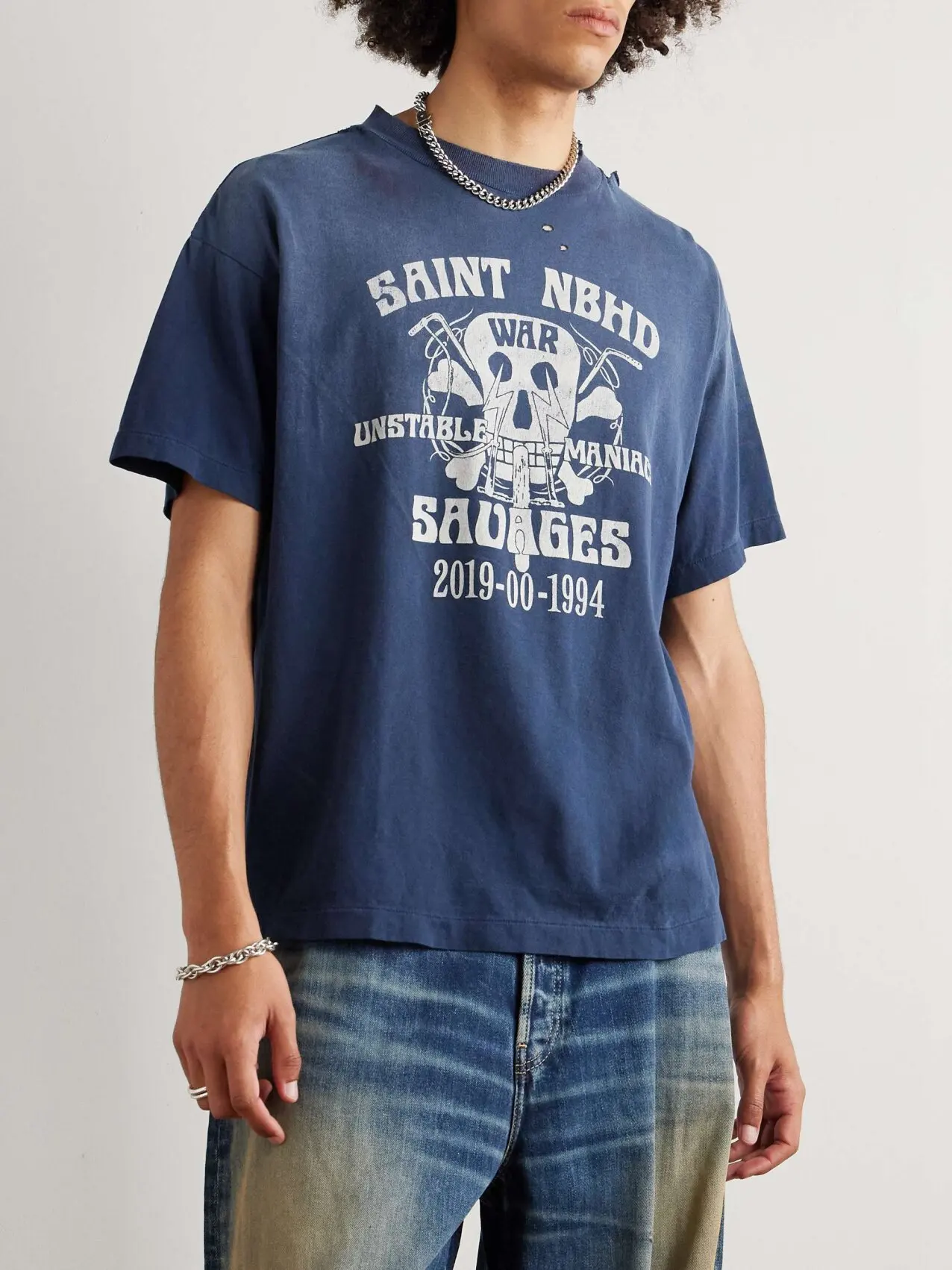 Vintage Short Sleeve Tee SAINT T Shirt Men Woman Good Quality Fashion Hip Hop Washed Do Old Blue High Street Summer Tops