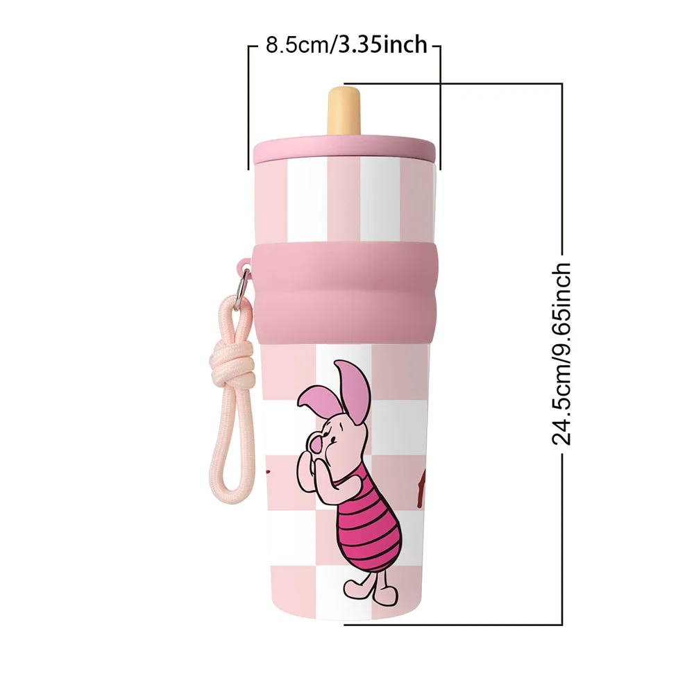 1pc 25oz Disney Cute Piglet Stainless Steel Tumbler Insulated Travel Mug with Straw Hanging Rope Portable Cup for Car Outdoor view 2