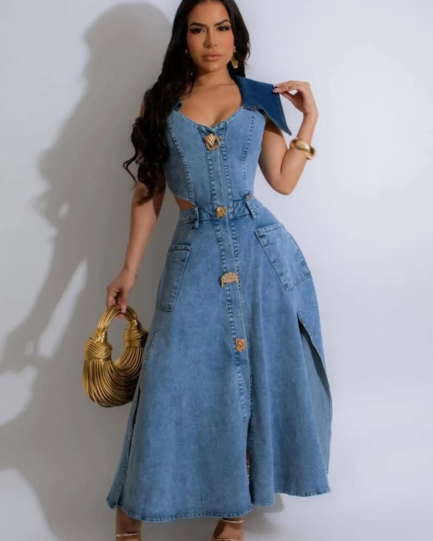 

Design Sense of Large Lapel Sleeveless Sleeveless Denim Dress,Women Summer V-hollow Expose The Waist Slim Retro Denim Slit Dress