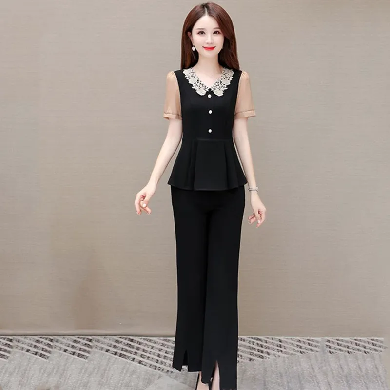 Ensembles de pantalons à col claudine surdimensionnés pour femmes, haut à volants, pantalons à jambes larges, tenues de tailleur-pantalon, vêtements d'été, nouvelle mode, 2 pièces, 2024