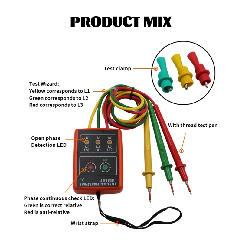 Three Phase Rotation Indicator Meter Phase Sequence Tester LED Buzzer With Portable Pouch