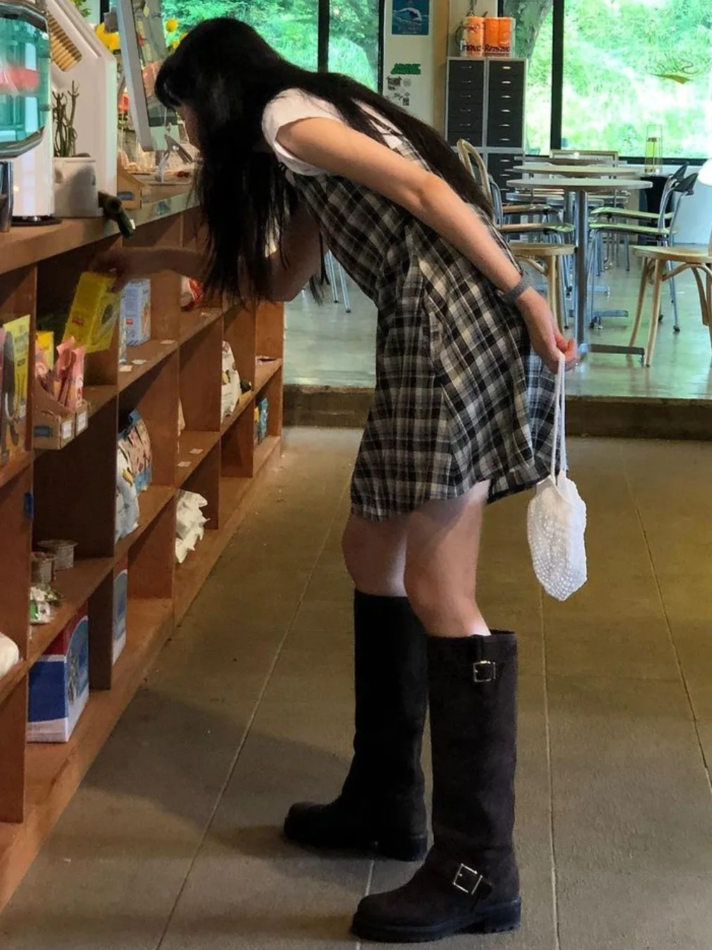 Chique verão vintage reduzindo a idade gola quadrada gravata borboleta cintura alta emagrecimento alça xadrez dr feminino dr doce sle