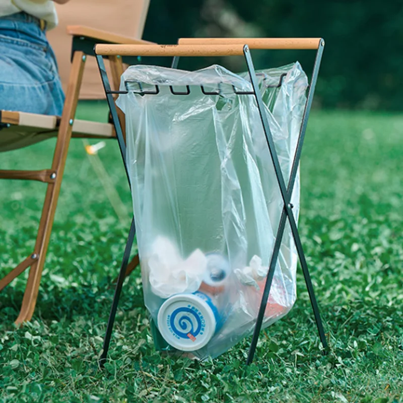 Iron Garbage Rack Portable Folding Trash Rack With Metal Support Wooden Handle Outdoor Picnic Barbecue Garbage Bag Rack