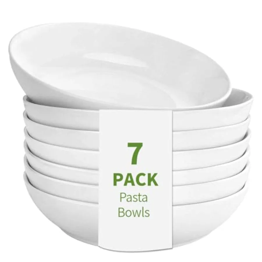 

7 Pack Porcelain Pasta Bowls Ceramic Large Serving Bowl Wide and Shallow Set 8.3 Inch - 30 Ounce - for Pasta Salad Cereal Soup