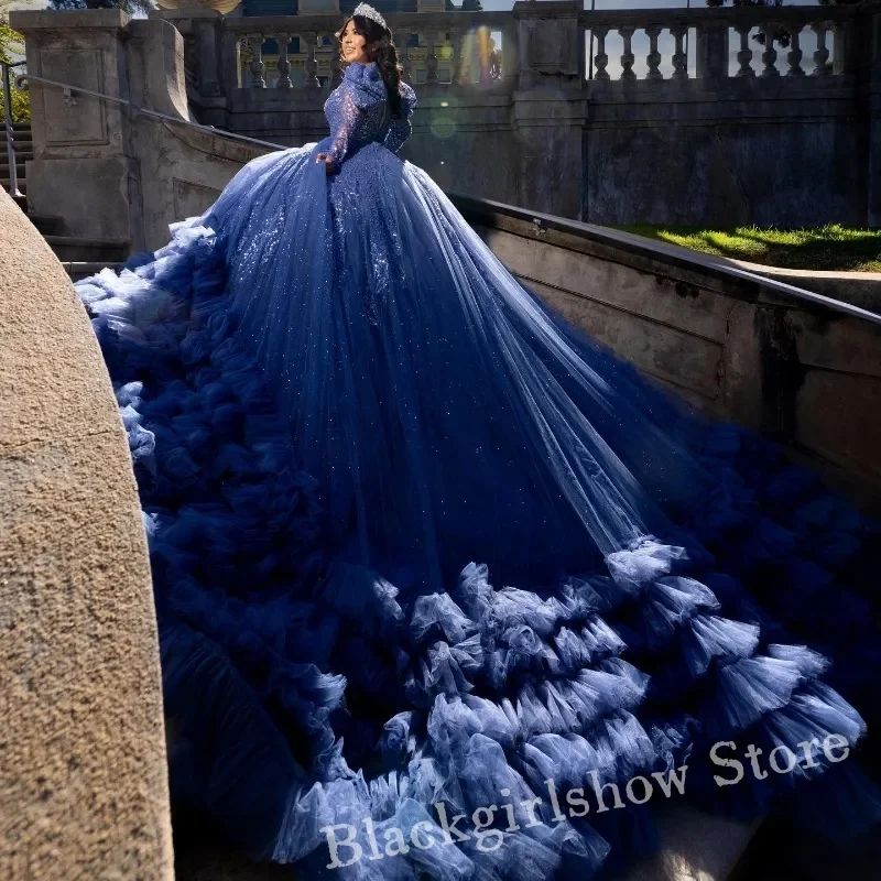 Vestido de quinceañera de manga larga con cuentas de encaje, traje de baile escalonado con cuello redondo, color azul marino, 2024, 15