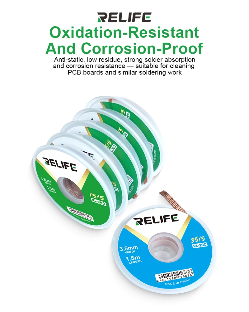 RELIFE RL-20C Premium Pure Copper Desoldering Braid,Oxidation-Resistant, High Absorption for Clean PCB Rework and Solder Removal