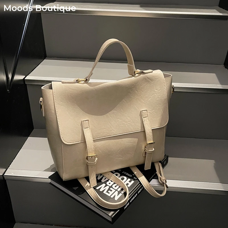 

MOODS Vintage Fashion Backpacks For Women PU Leather Pure Color Retro Messenger Crossbody Bag Large Capacity College Student Bag