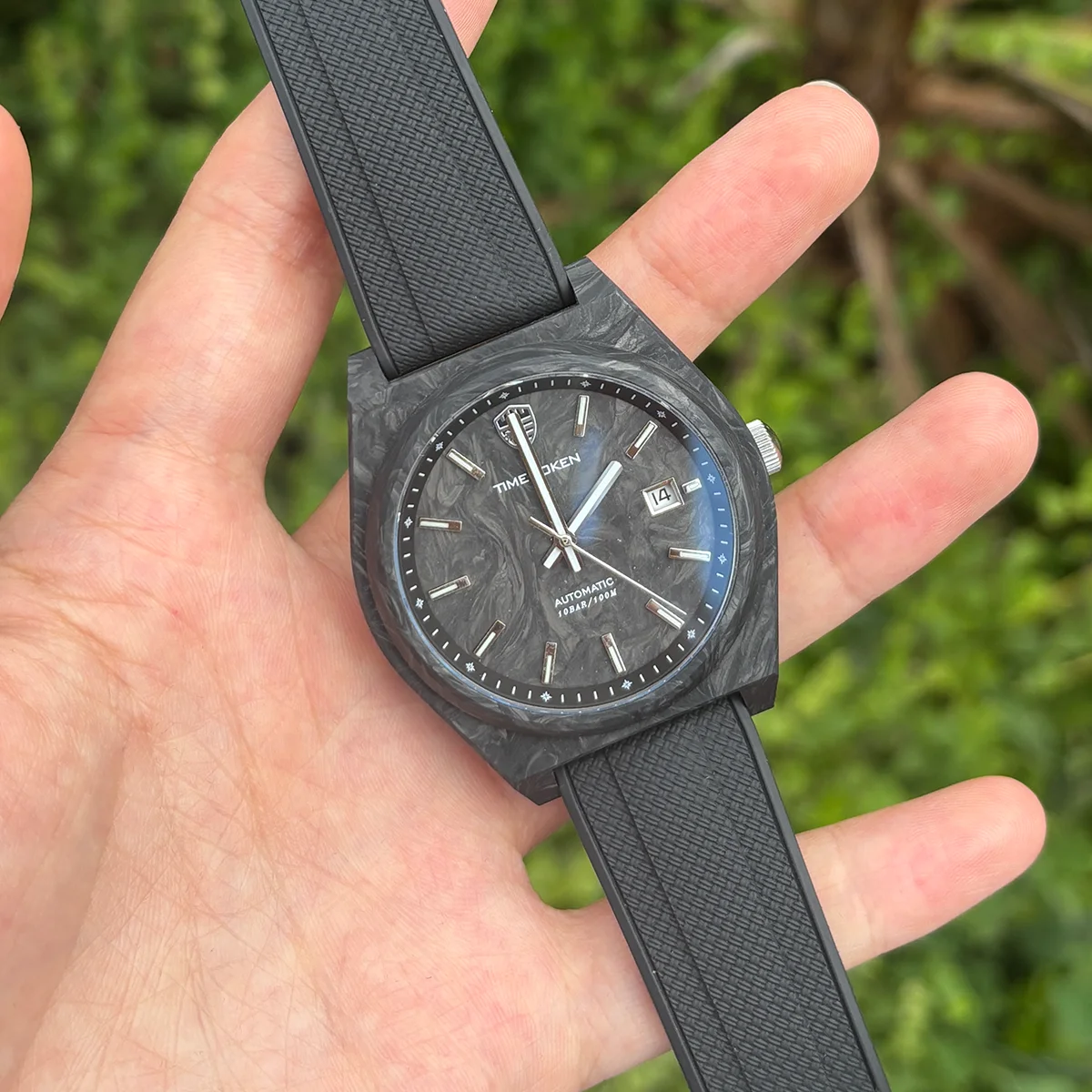 TIME TOKEN Men Automatic Watch Forged Carbon Fiber 100M Waterproof Luminous Sports Wristwatch Rubber Band Watches for Man T526