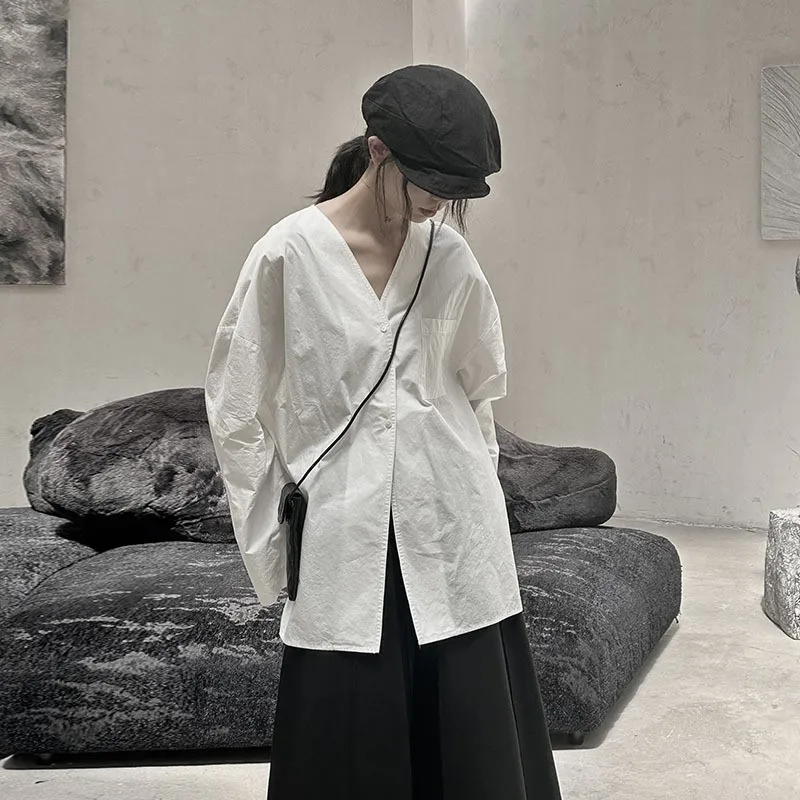 

Johnature New V-neck Lazy Style Long-sleeve Shirt For Women Spring Summer Fashion Casual Split Design Loose Shirts